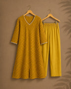 CHENNAI KATTAM - YELLOW - TAMIRA - COMFY AND OFFICE WEAR pure handloom cotton Full length A-LINE coord sets for women- Label Zivara