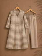 CHENNAI KATTAM - BEIGE BROWN - TAMIRA - COMFY AND OFFICE WEAR pure handloom cotton Full length A-LINE coord sets for women- Label Zivara