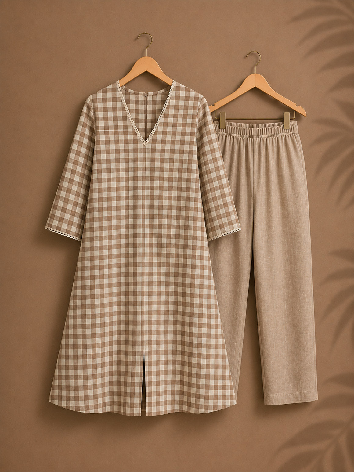 CHENNAI KATTAM - BEIGE BROWN - TAMIRA - COMFY AND OFFICE WEAR pure handloom cotton Full length A-LINE coord sets for women- Label Zivara