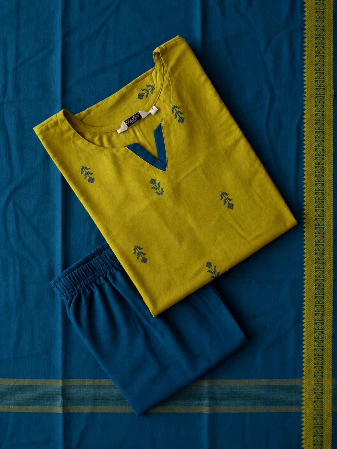 PREORDER -VISHRUTHI -  YELLOW AND INK BLUE - OFFICE WEARS- HANDLOOM COTTON- SALWAR SUIT WITH DUPATTA - LABEL ZIVARA
