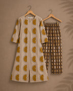 SUNFLOWER  - TAMIRA - COMFY AND OFFICE WEAR pure handloom cotton flex Full length A- LINE  coord sets for women- Label Zivara