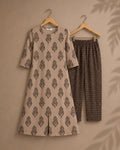 EARTHY BROWN  - TAMIRA - COMFY AND OFFICE WEAR pure handloom cotton flex Full length A- LINE  coord sets for women- Label Zivara