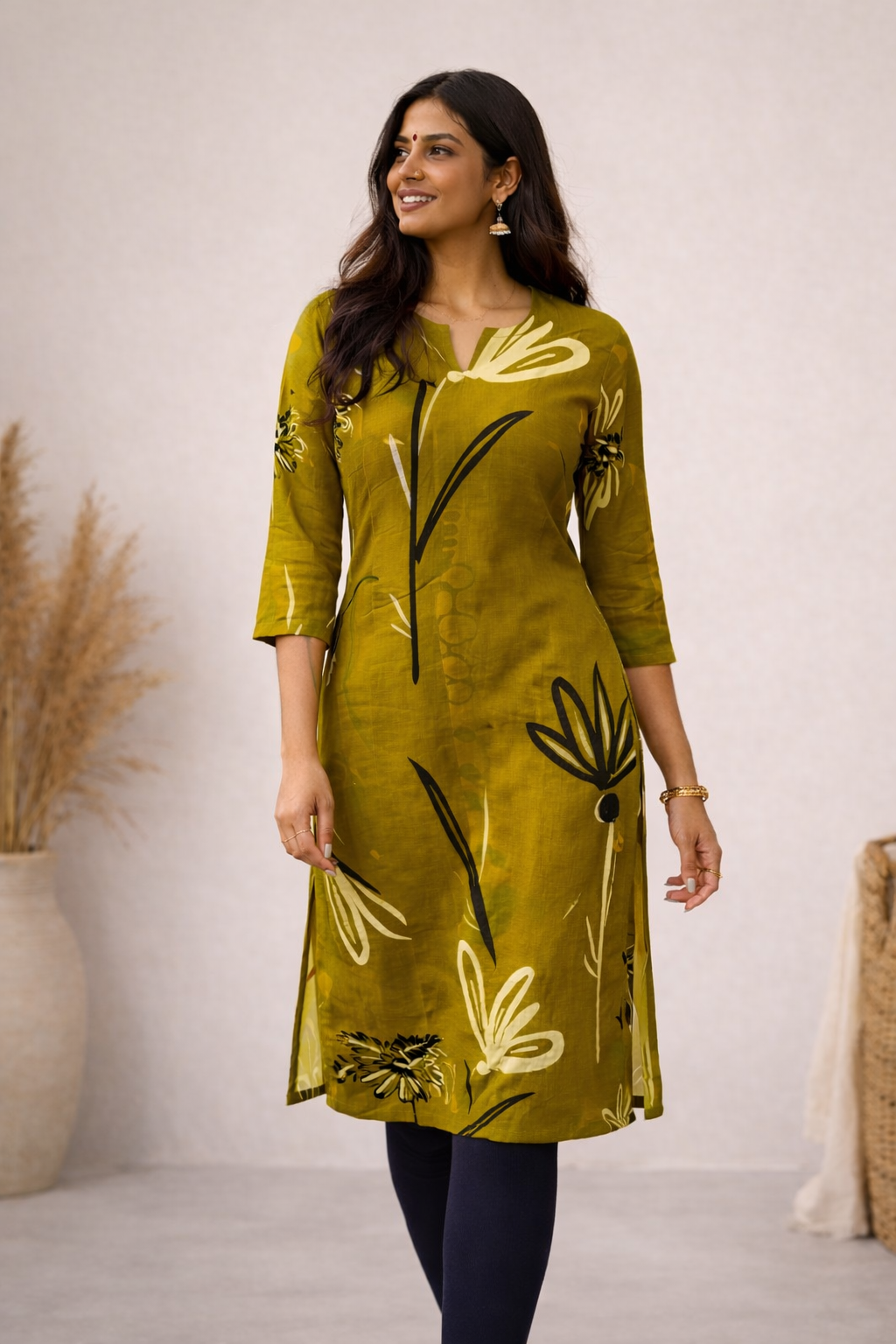 ANVI - ABSTRACT OLIVE GREEN - Trending print VISCOSE straight cut kurti for office wear - LABEL ZIVARA