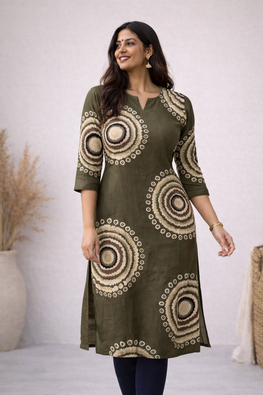 ANVI -  DARK OLIVE CIRCLE  - Trending print VISCOSE straight cut kurti for office wear - LABEL ZIVARA