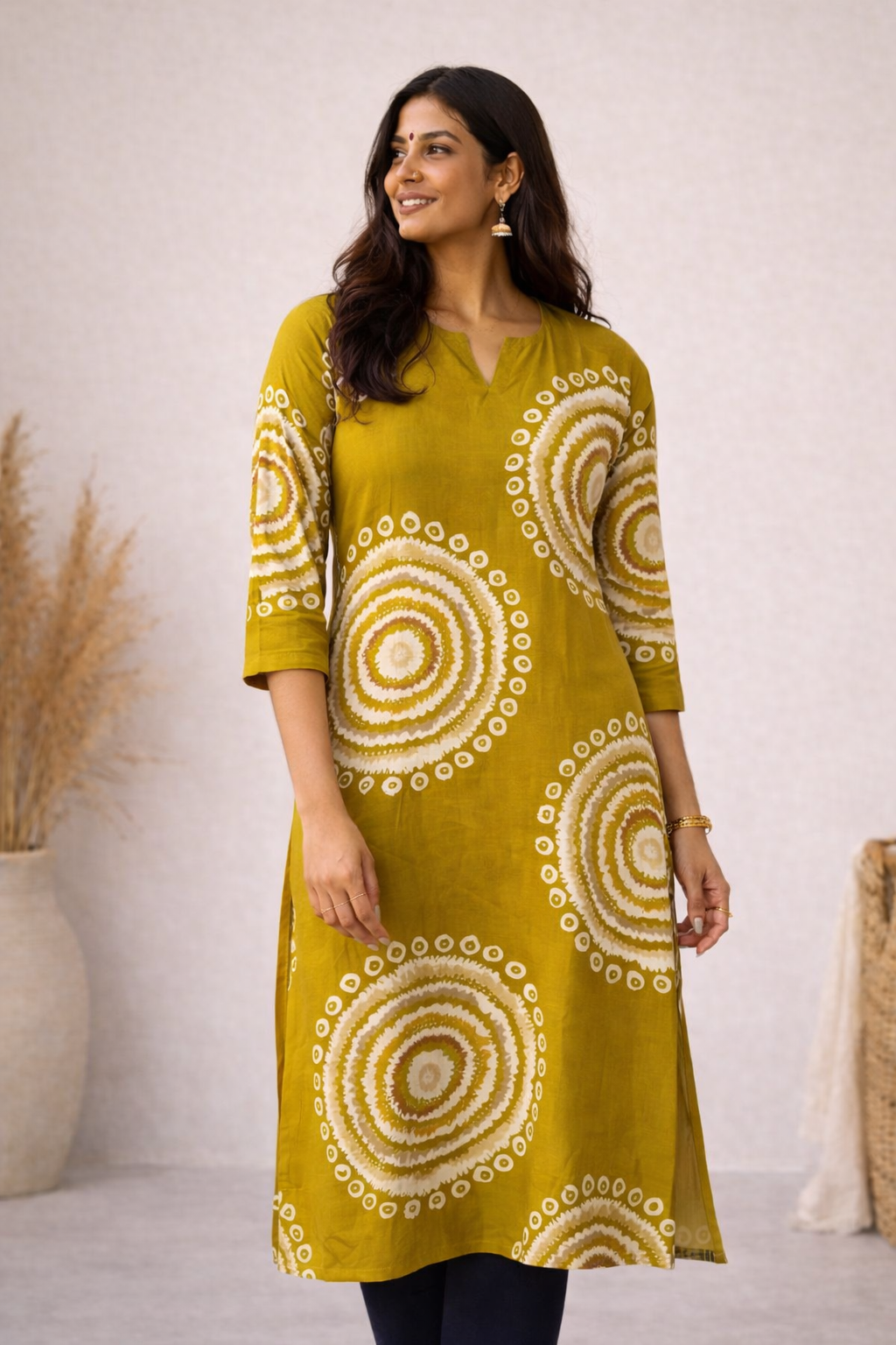 ANVI - MUSTARD GREEN  BANDHANI  - Trending print VISCOSE straight cut kurti for office wear - LABEL ZIVARA