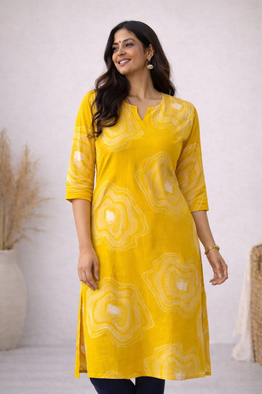 ANVI - BRIGHT YELLOW - Trending print VISCOSE straight cut kurti for office wear - LABEL ZIVARA