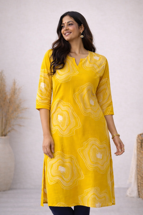 ANVI - BRIGHT YELLOW - Trending print VISCOSE straight cut kurti for office wear - LABEL ZIVARA