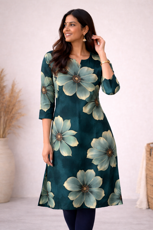 ANVI -  TEAL BLUE BLOOM FLORAL - Trending print VISCOSE straight cut kurti for office wear - LABEL ZIVARA
