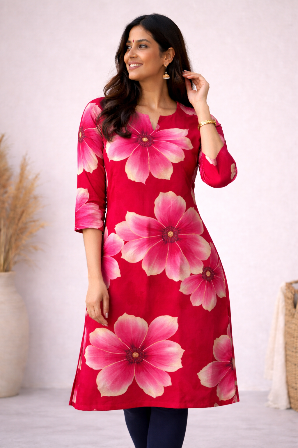 ANVI -  REDDISH PINK FLORAL - Trending print VISCOSE straight cut kurti for office wear - LABEL ZIVARA