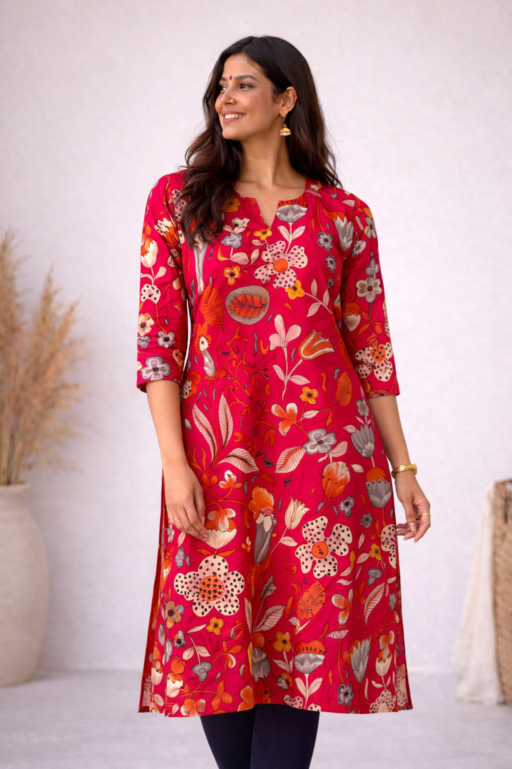 ANVI - RED BLOSSOM  - Trending print VISCOSE straight cut kurti for office wear - LABEL ZIVARA
