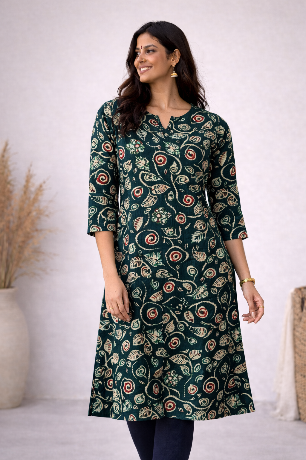 ANVI -  EMERALD GREEN FLORAL  - Trending print VISCOSE straight cut kurti for office wear - LABEL ZIVARA