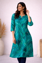 ANVI - TEAL BLUE LEAF  - Trending print VISCOSE straight cut kurti for office wear - LABEL ZIVARA