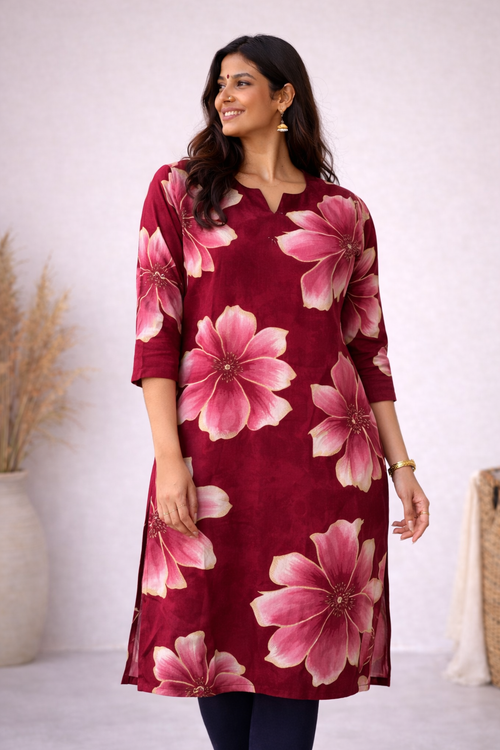 ANVI - MAROON FLORAL  - Trending print VISCOSE straight cut kurti for office wear - LABEL ZIVARA