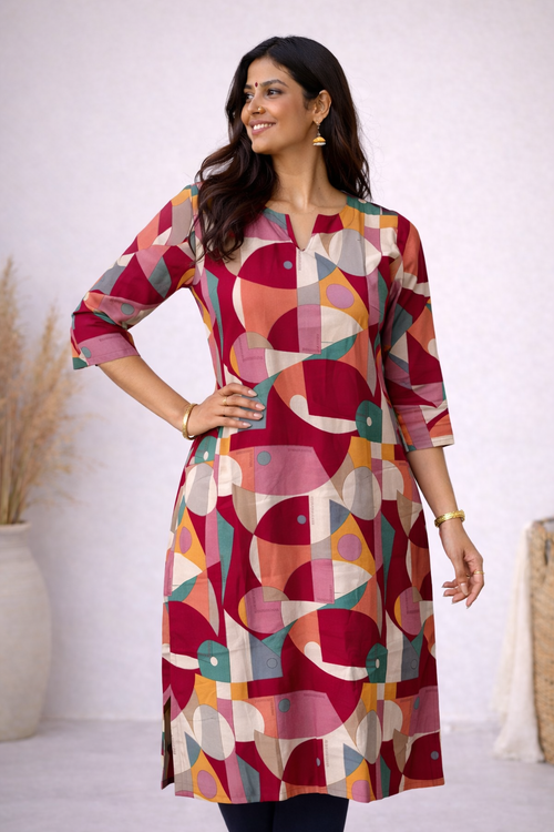 ANVI -  MULTICOLOUR MODERN MOSAIC - Trending print VISCOSE straight cut kurti for office wear - LABEL ZIVARA