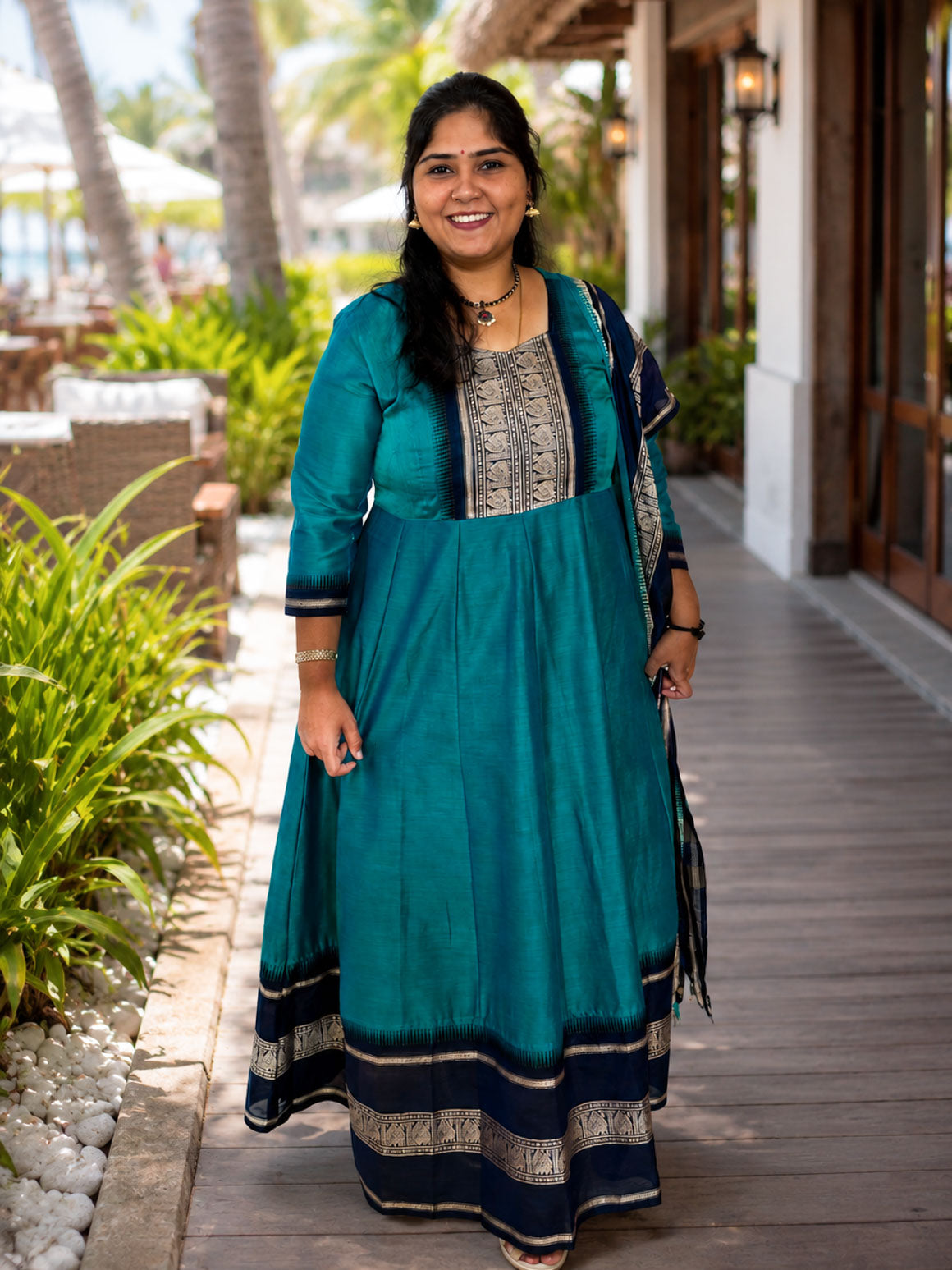 ANAMIKA - TEAL BLUE AND DARK BLUE - Handloom Mercerised Cotton Festive anarkali Top with Dupatta- Label Zivara