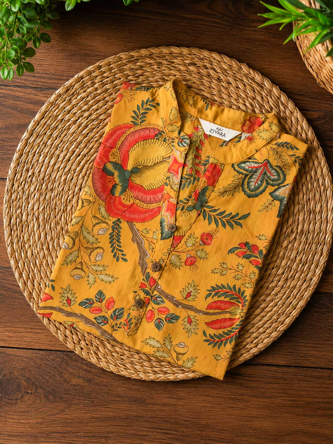 Mira - yellow floral -Trending print cotton straight cut collar neck kurti for office wear - LABEL ZIVARA