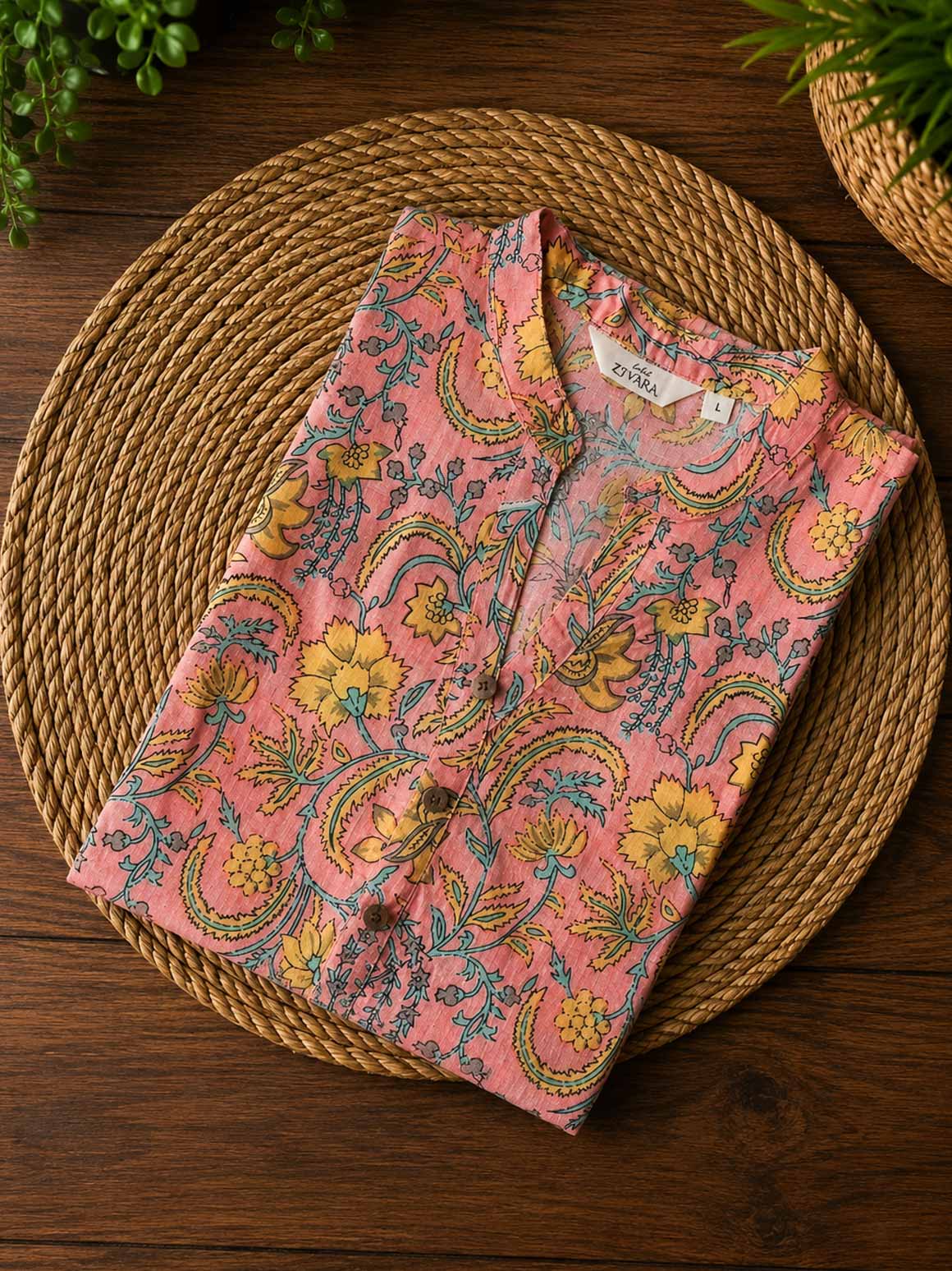 Mira - pink floral -Trending print cotton straight cut collar neck kurti for office wear - LABEL ZIVARA