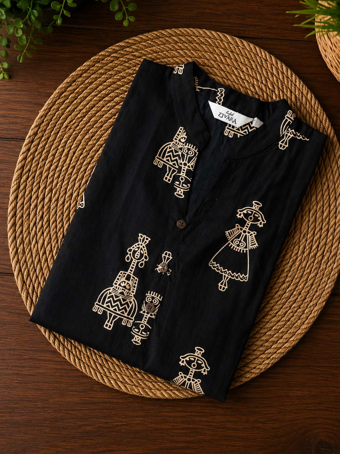 Mira -BLACK DOLL -Trending print cotton straight cut collar neck kurti for office wear - LABEL ZIVARA