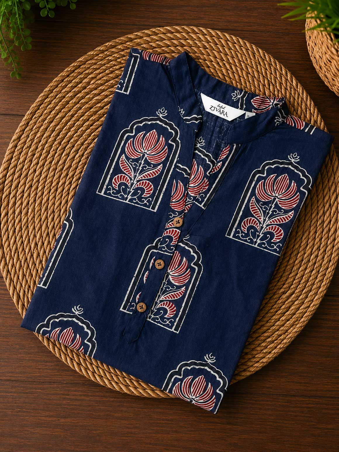 Mira - DARK BLUE -Trending print cotton straight cut collar neck kurti for office wear - LABEL ZIVARA