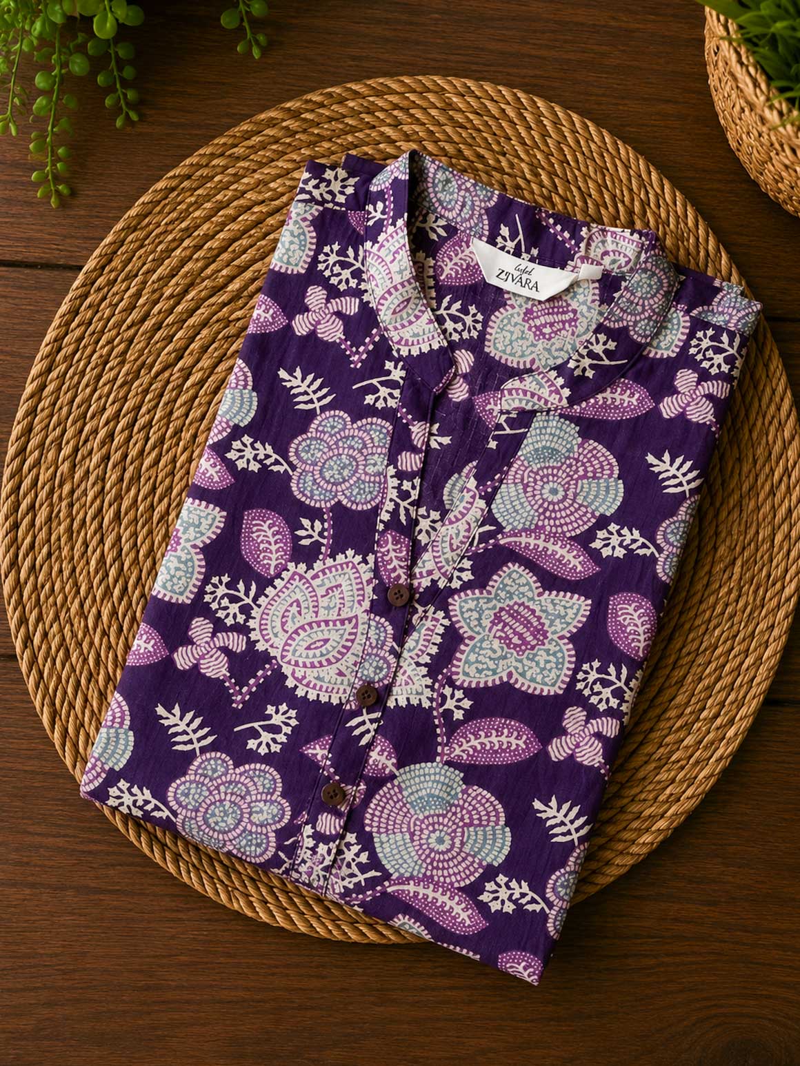 Mira - DEEP ROYAL PURPLE -Trending print cotton straight cut collar neck kurti for office wear - LABEL ZIVARA