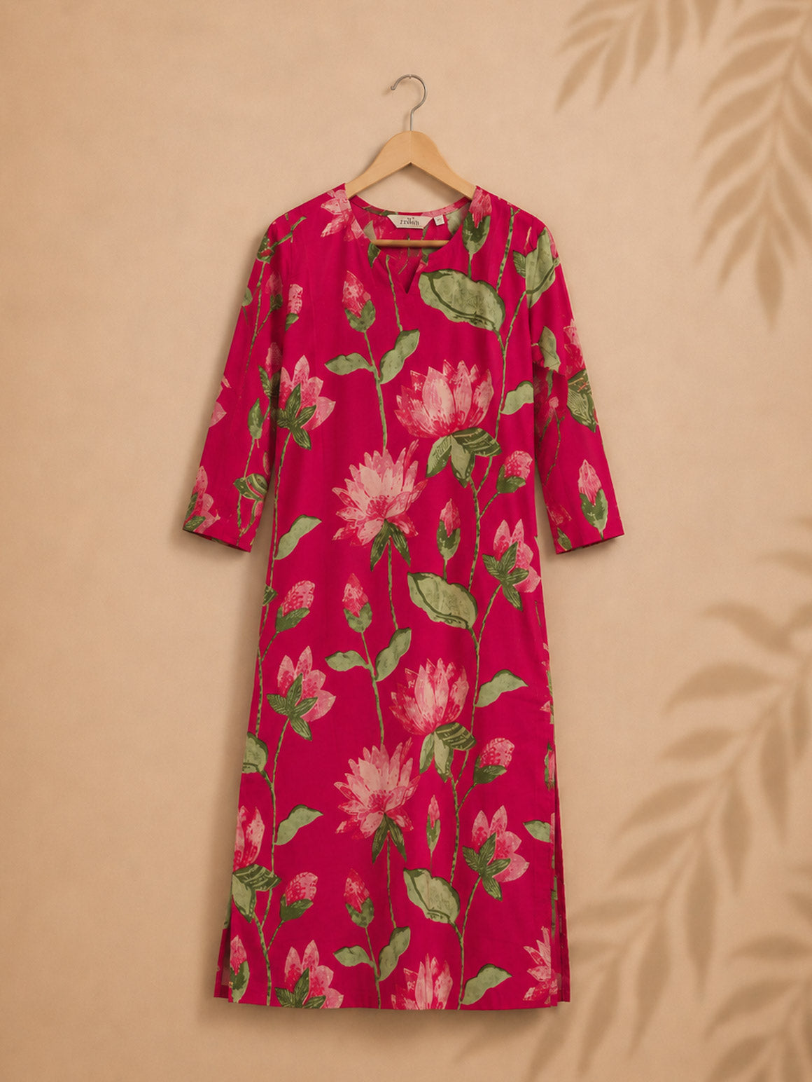 Mira -PINK LOTUS BLOCK PRINT -Trending print cotton straight cut kurti for office wear - LABEL ZIVARA