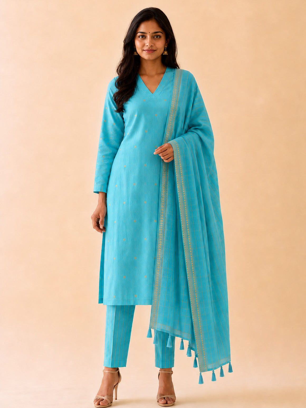 PREORDER - SUHASINI - OCEAN BLUE OFFICE WEARS- HANDLOOM COTTON- SALWAR SUIT WITH DUPATTA - LABEL ZIVARA