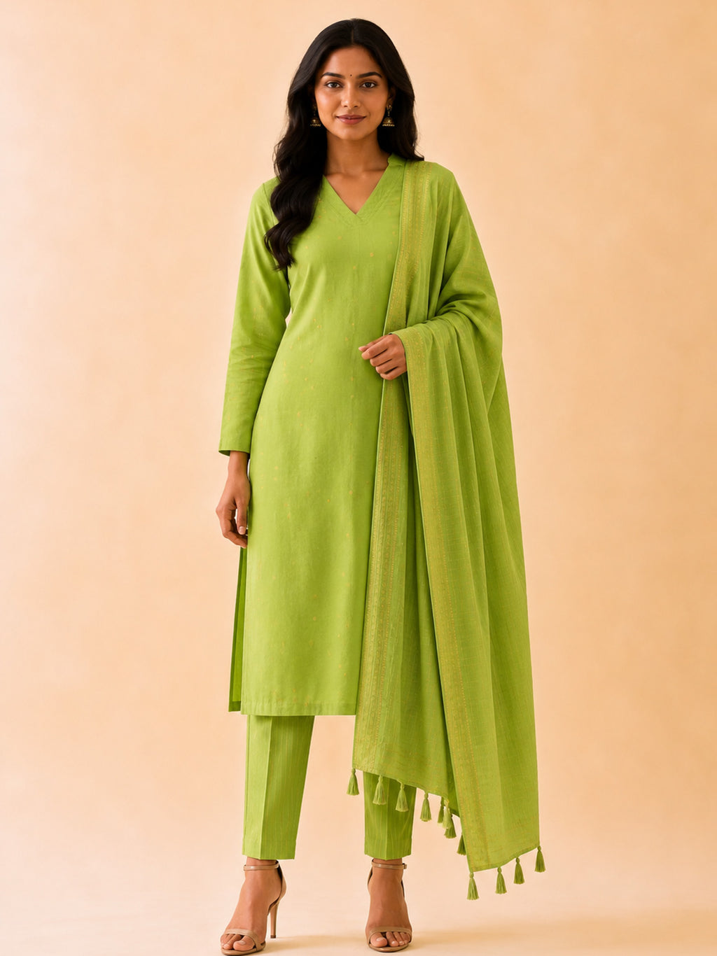 PREORDER - SUHASINI - LEAF GREEN OFFICE WEARS- HANDLOOM COTTON- SALWAR SUIT WITH DUPATTA - LABEL ZIVARA