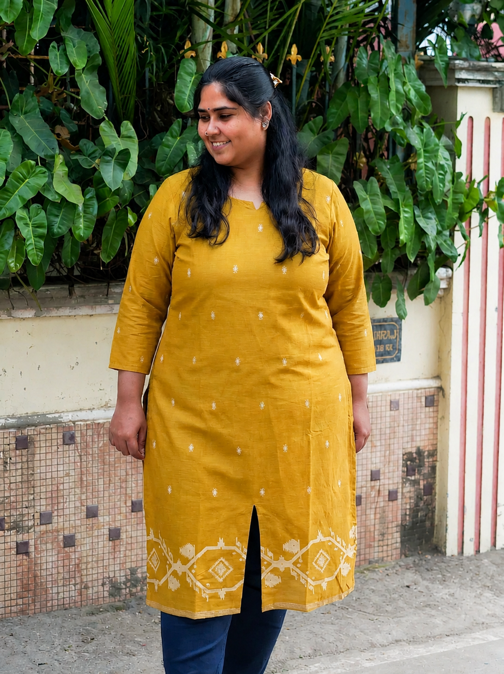 MUSTARD YELLOW jamdani weaving - Mira - OFFICE WEAR Woven pure handloom cotten pre-washed Full length flared straight cut kurti for women- Label Zivara