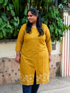 MUSTARD YELLOW jamdani weaving - Mira - OFFICE WEAR Woven pure handloom cotten pre-washed Full length flared straight cut kurti for women- Label Zivara