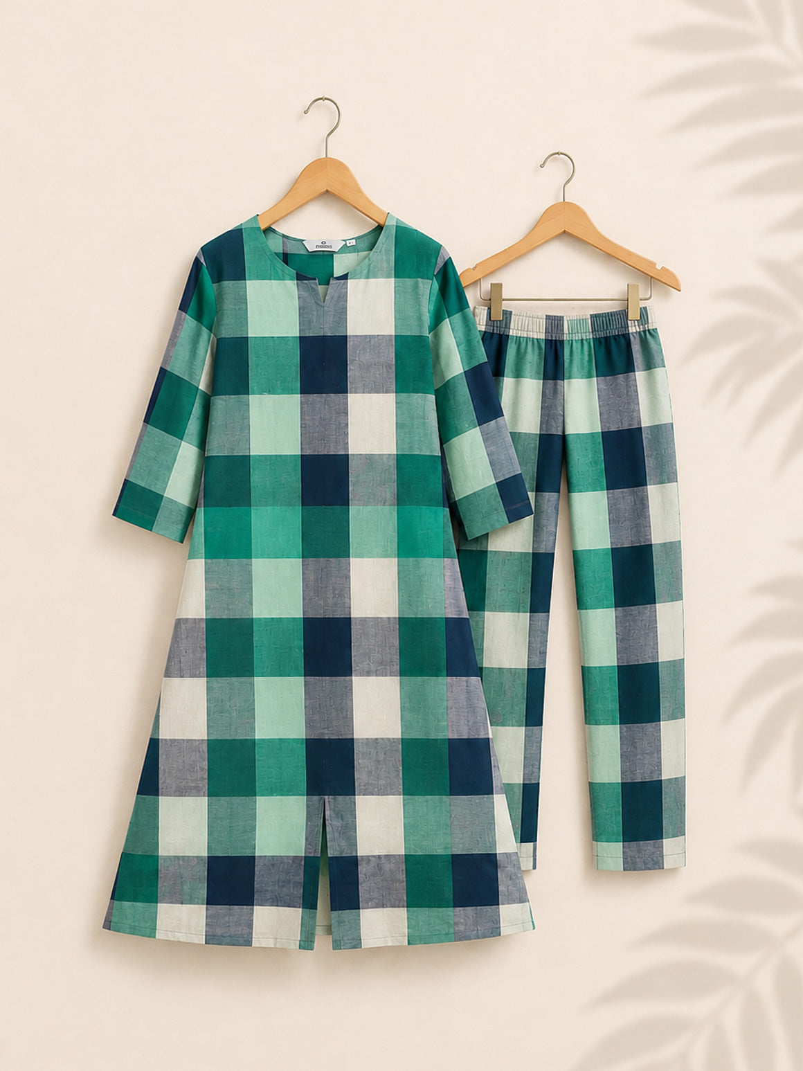 GREEN WHITE CHECKS - TAMIRA - COMFY AND OFFICE WEAR pure handloom cottonFull length A- LINE  coord sets for women- Label Zivara