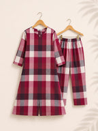 RUBY WHITE CHECKS - TAMIRA - COMFY AND OFFICE WEAR pure handloom cotton Full length A- LINE  coord sets for women- Label Zivara
