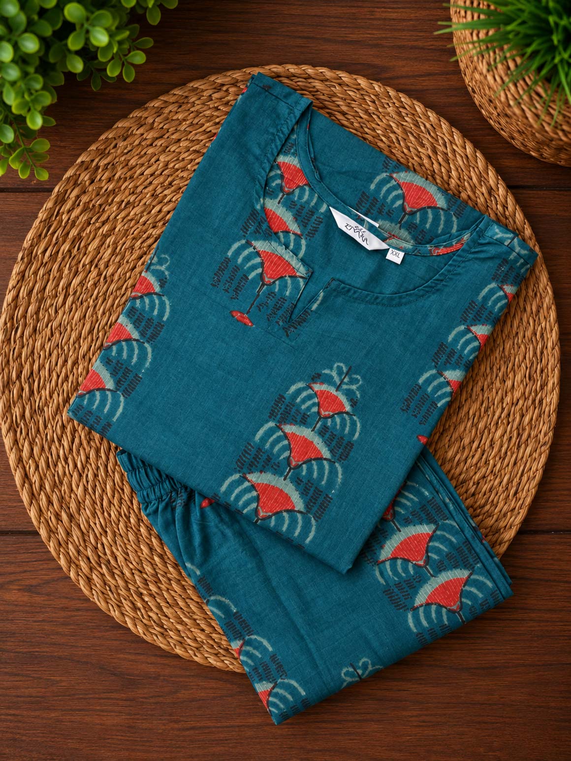 ANITHA - PEACOCK BLUE FLORAL - Colourful cotton everyday comfy wear and office wear coord sets for women- Label Zivara