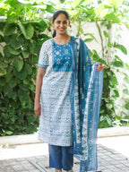 DHANYA - BLUE  - Office wear HANDLOOM cotton PATCH WORK - SALWAR SUIT WITH DUPATTA - LABEL ZIVARA