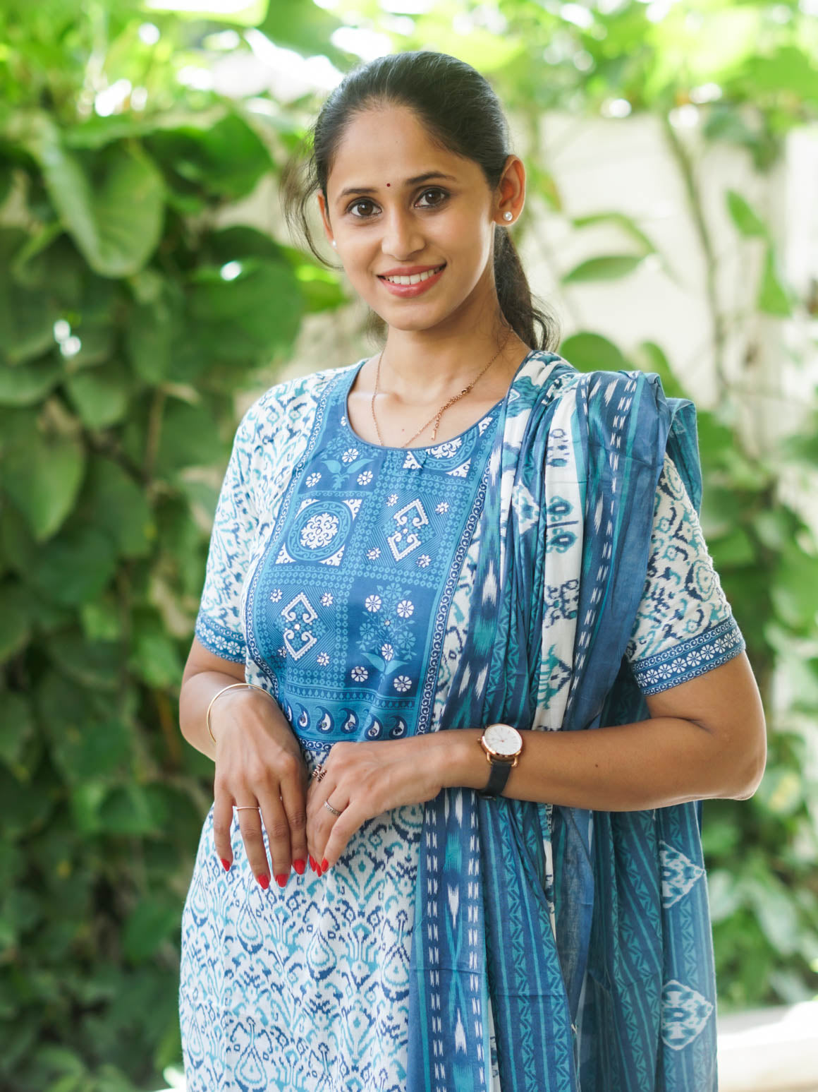 DHANYA - BLUE  - Office wear HANDLOOM cotton PATCH WORK - SALWAR SUIT WITH DUPATTA - LABEL ZIVARA