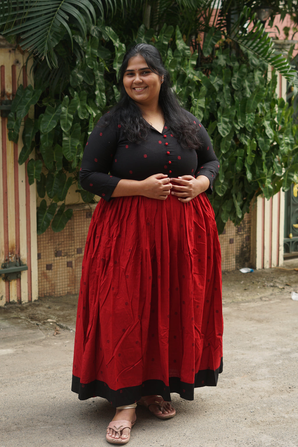 Manya - RED AND BLACK - Comfy beautiful print long anarkali - Label Zivara