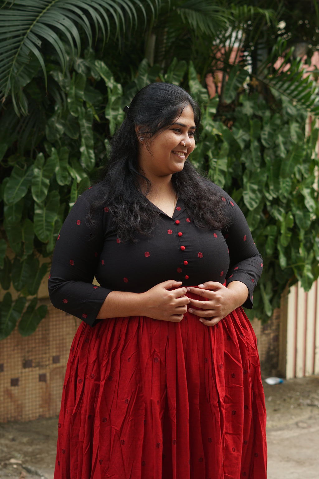 Manya - RED AND BLACK - Comfy beautiful print long anarkali - Label Zivara