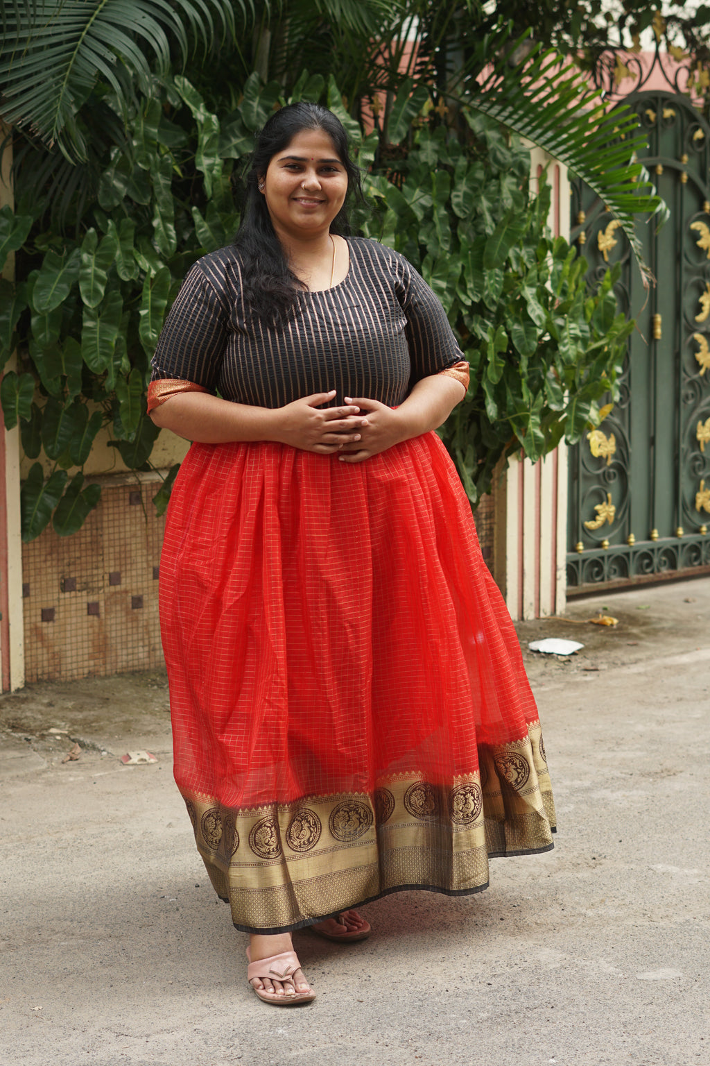 MAHESHWARI  -RED AND BLACK- FESTIVE beautiful print TISSUE  long anarkali - Label Zivara