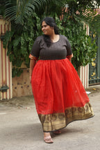 MAHESHWARI  -RED AND BLACK- FESTIVE beautiful print TISSUE  long anarkali - Label Zivara