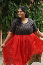 MAHESHWARI  -RED AND BLACK- FESTIVE beautiful print TISSUE  long anarkali - Label Zivara