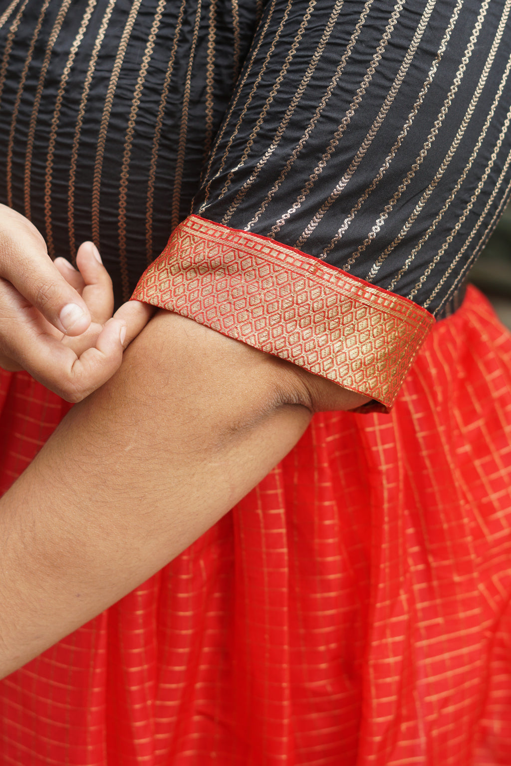 MAHESHWARI  -RED AND BLACK- FESTIVE beautiful print TISSUE  long anarkali - Label Zivara