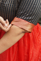 MAHESHWARI  -RED AND BLACK- FESTIVE beautiful print TISSUE  long anarkali - Label Zivara