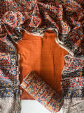 Ranganayaki-ORANGE - Kalamkari- Unstitched top pant and dupatta set - Premium quality cotton set- Label Zivara