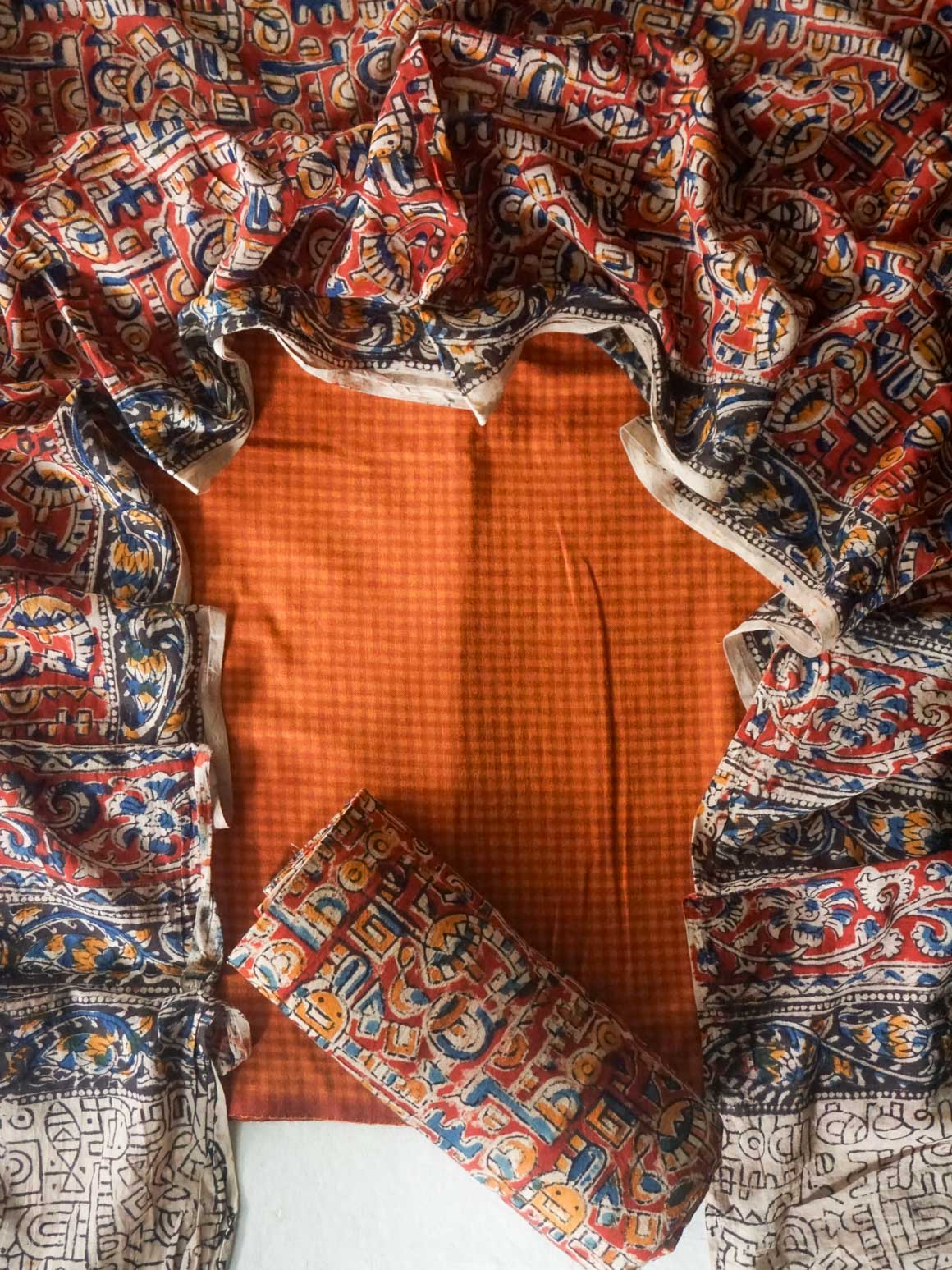 Ranganayaki-ORANGE - Kalamkari- Unstitched top pant and dupatta set - Premium quality cotton set- Label Zivara