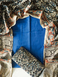 Ranganayaki-NEELAM BLUE- Kalamkari- Unstitched top pant and dupatta set - Premium quality cotton set- Label Zivara