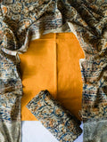 Ranganayaki-Mambazha manjal- Kalamkari- Unstitched top pant and dupatta set - Premium quality cotton set- Label Zivara