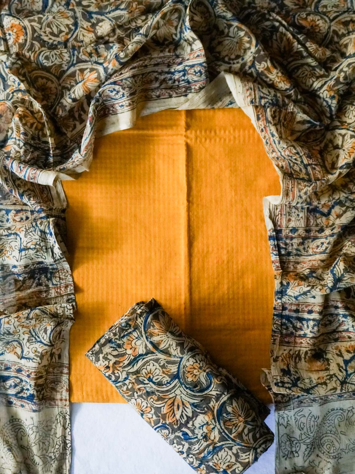 Ranganayaki-Mambazha manjal- Kalamkari- Unstitched top pant and dupatta set - Premium quality cotton set- Label Zivara