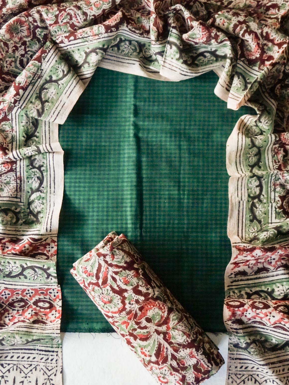 Ranganayaki-GREEN - Kalamkari- Unstitched top pant and dupatta set - Premium quality cotton set- Label Zivara