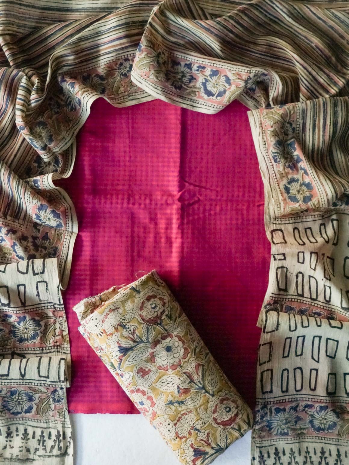 Ranganayaki-PINK - Kalamkari- Unstitched top pant and dupatta set - Premium quality cotton set- Label Zivara