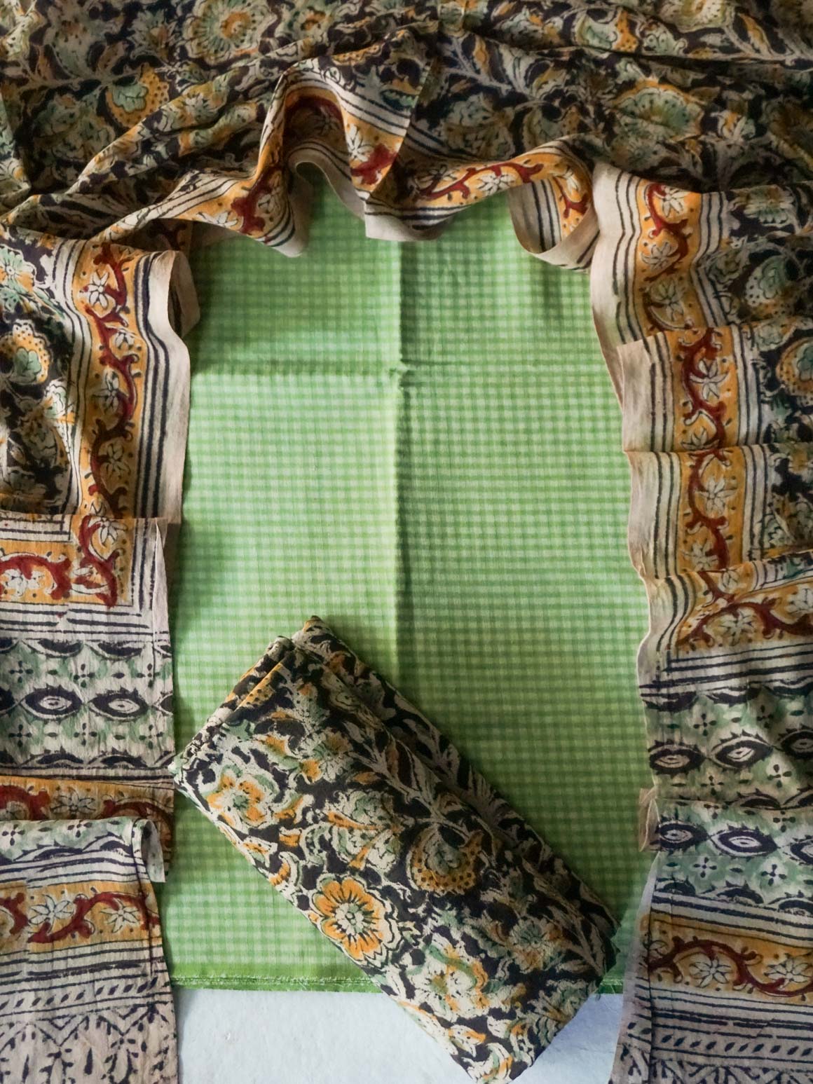 Ranganayaki-LEAF GREEN - Kalamkari- Unstitched top pant and dupatta set - Premium quality cotton set- Label Zivara