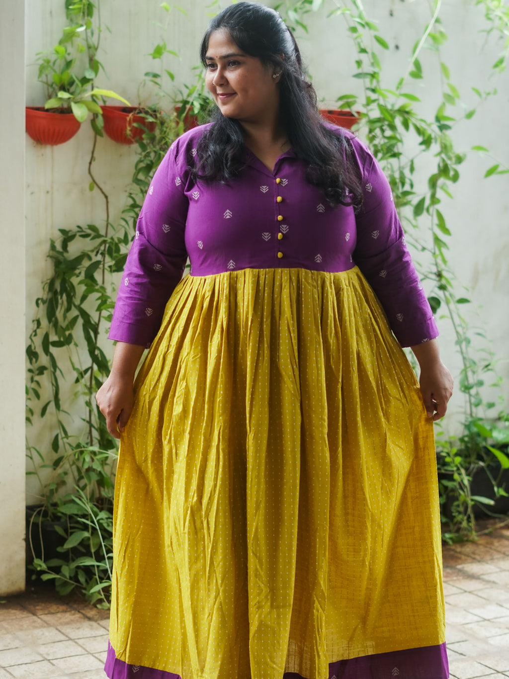 MANYA  - YELLOW AND PURPLE HANDLOOM COTTON - Comfy beautiful print long anarkali - Label Zivara